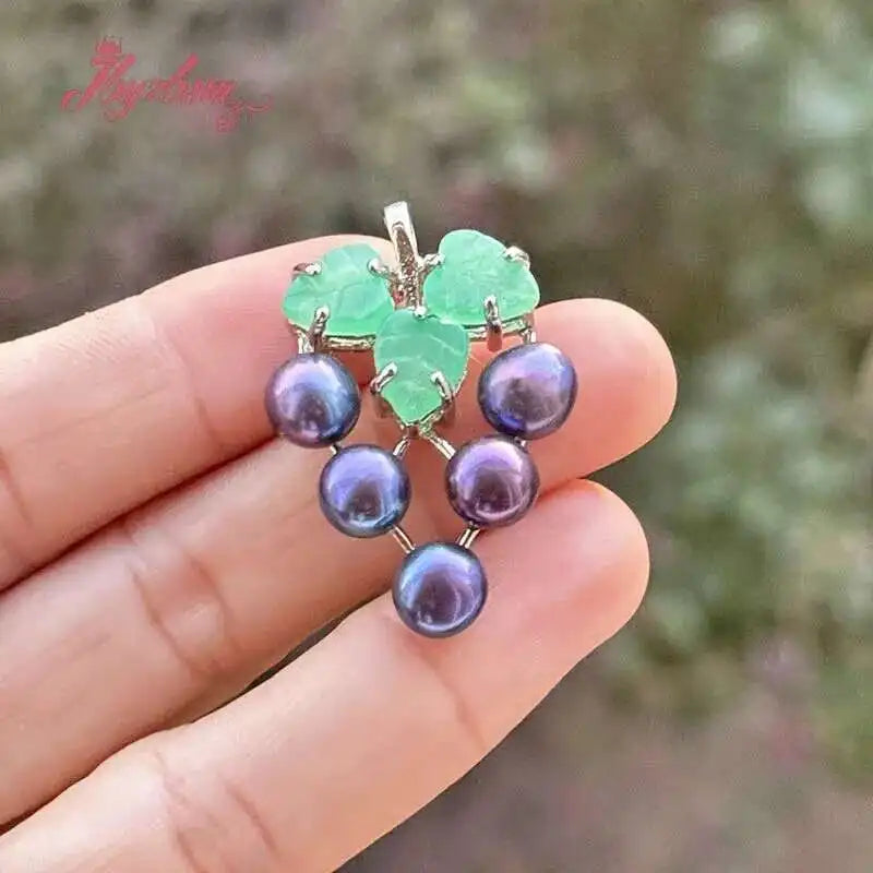 Verdant Pearl Grape Pendant – Freshwater Pearl & Green Stone Beads with Tibetan Silver