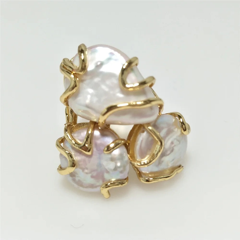 Celestine Adjustable Cocktail Ring – 18K Gold-Plated Copper with Freshwater Pearl
