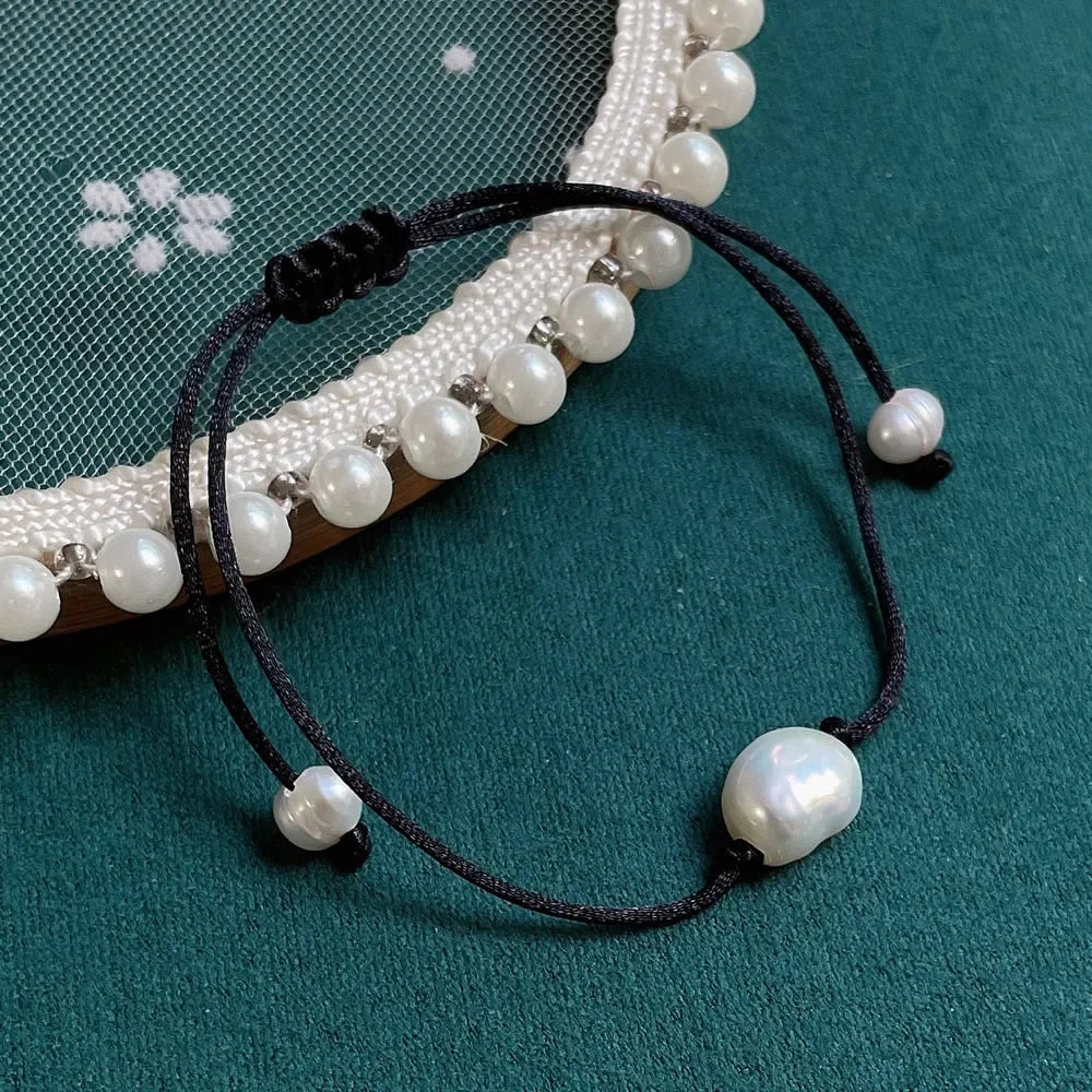 Solara Boho Rope Baroque Freshwater Pearl Charm Bracelet – Lace-Up Adjustable