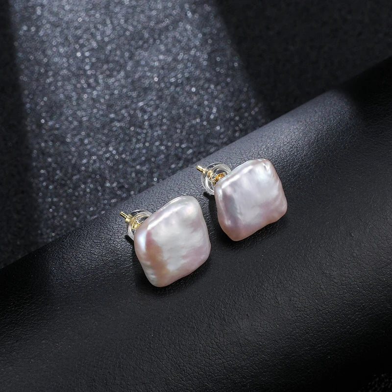 Aurora Square - Sterling Silver Freshwater Pearl Stud Earrings – 12–13mm Baroque