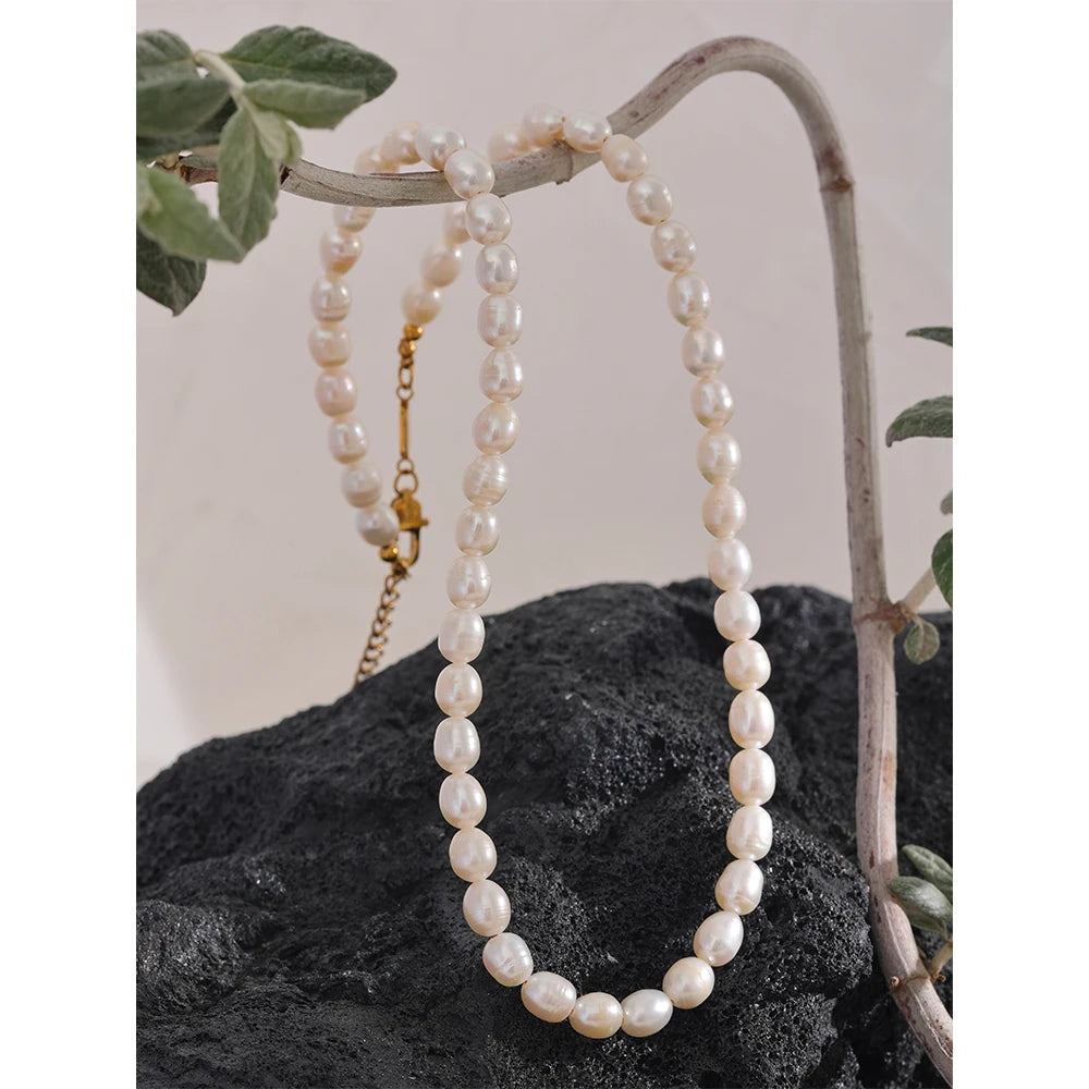 Novara Oval Freshwater Pearl Chain Necklace – PVD Gold-Plated Stainless Steel