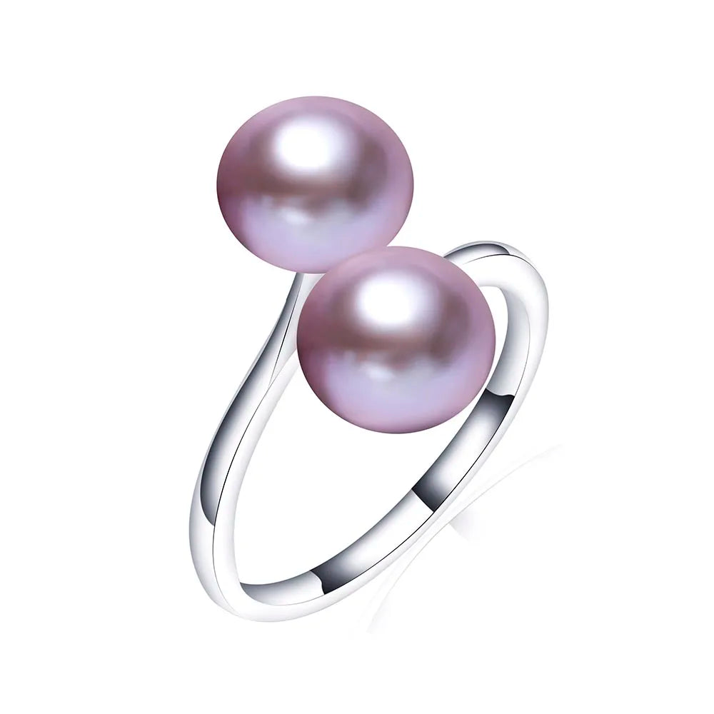 Elenya Double Freshwater Pearl Ring – 925 Sterling Silver Adjustable Open Band