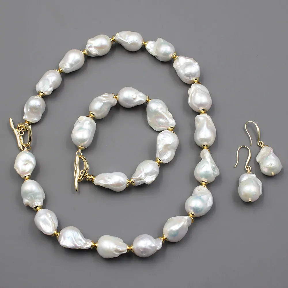 Calista White Keshi Pearl Jewellery Set – Necklace, Bracelet & Earrings with 18K GP Clasp