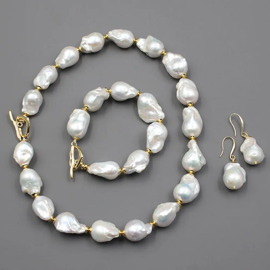 Calista White Keshi Pearl Jewellery Set – Necklace, Bracelet & Earrings with 18K GP Clasp