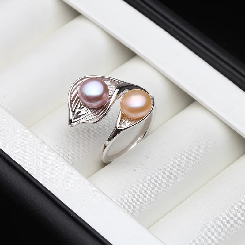 Lunara Adjustable Pearl Bridal Ring – 925 Sterling Silver with 7–8mm Button Pearls