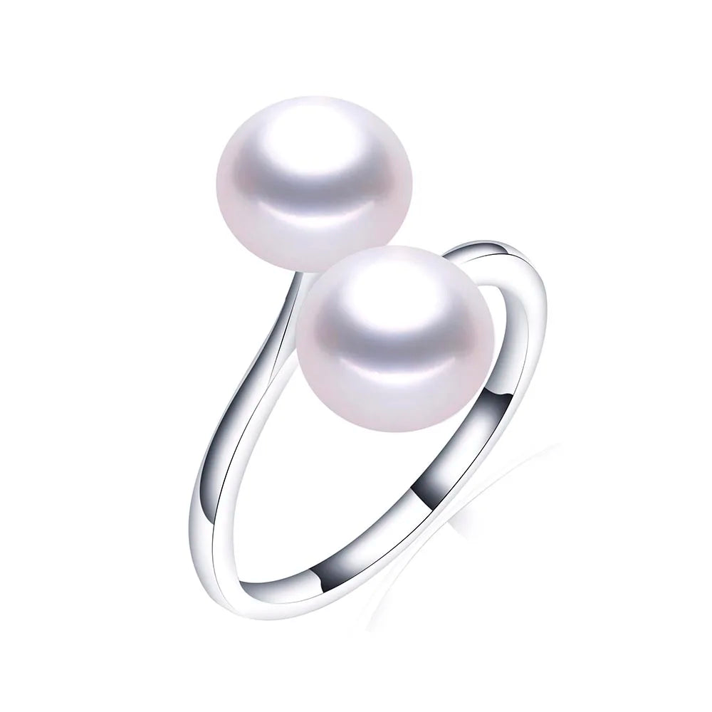 Elenya Double Freshwater Pearl Ring – 925 Sterling Silver Adjustable Open Band