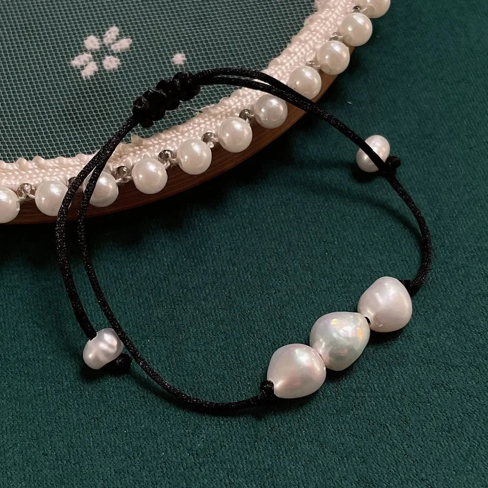 Solara Boho Rope Baroque Freshwater Pearl Charm Bracelet – Lace-Up Adjustable