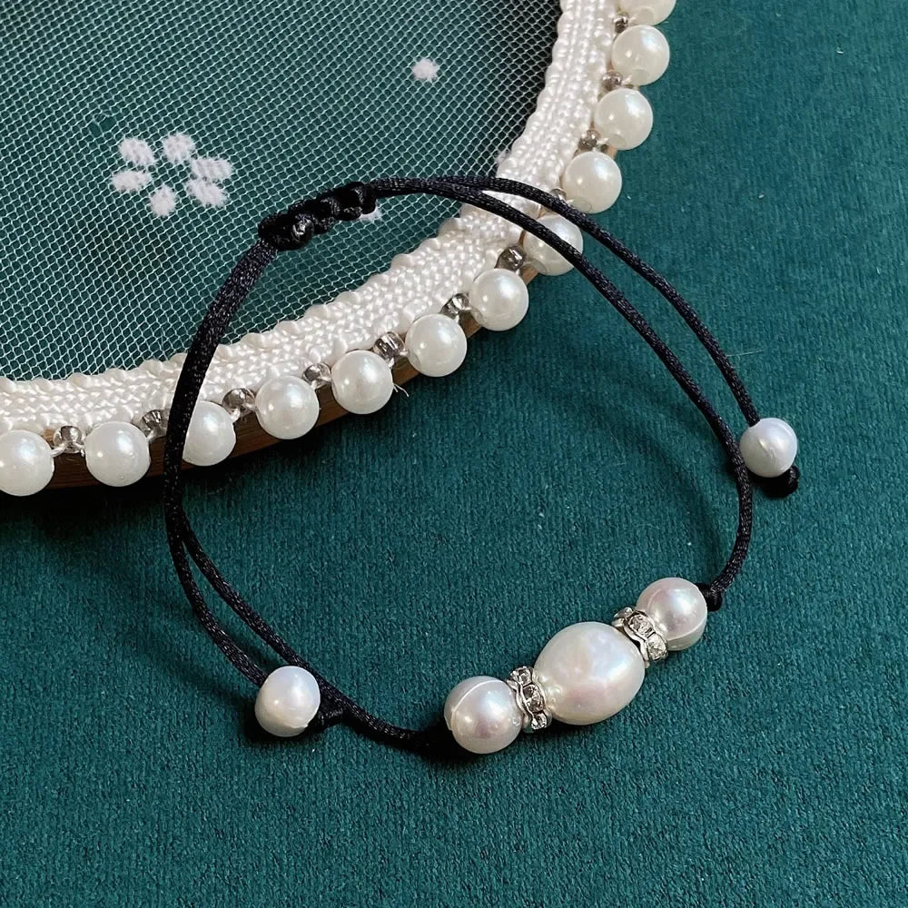 Solara Boho Rope Baroque Freshwater Pearl Charm Bracelet – Lace-Up Adjustable