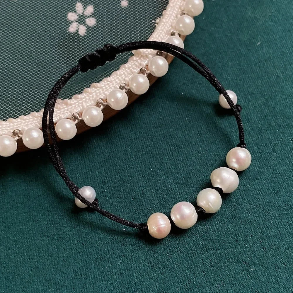 Solara Boho Rope Baroque Freshwater Pearl Charm Bracelet – Lace-Up Adjustable