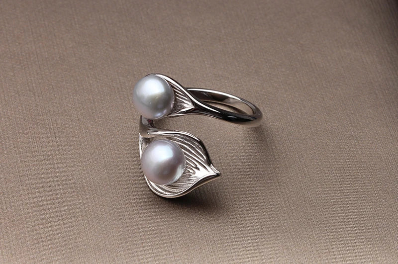 Lunara Adjustable Pearl Bridal Ring – 925 Sterling Silver with 7–8mm Button Pearls