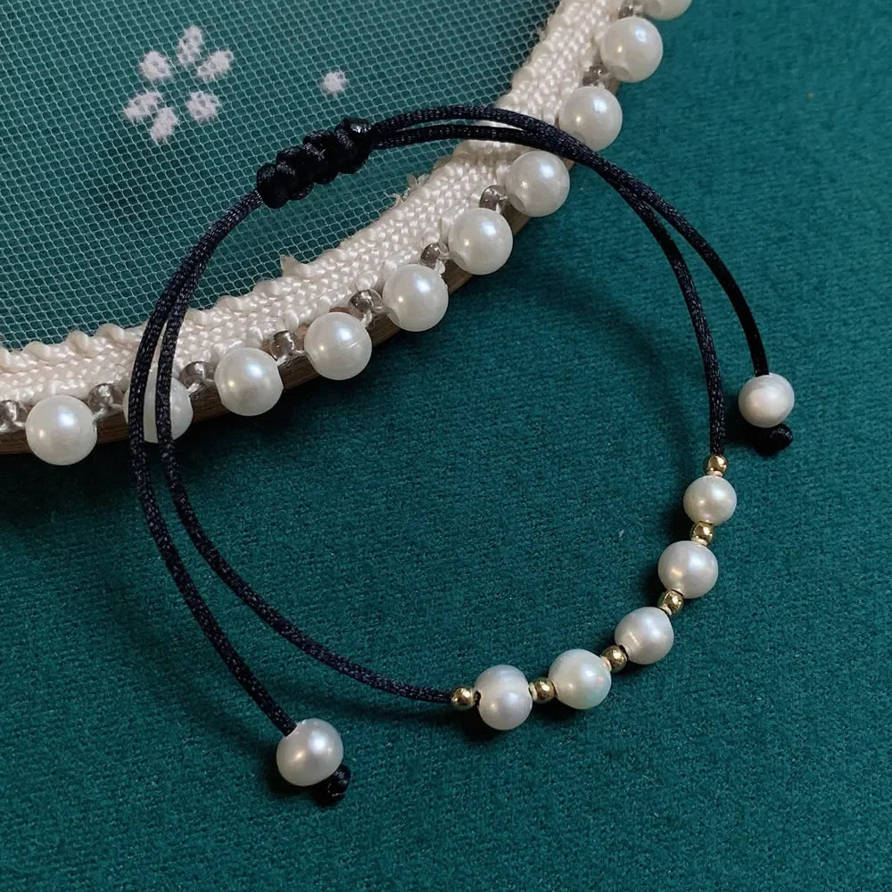 Solara Boho Rope Baroque Freshwater Pearl Charm Bracelet – Lace-Up Adjustable