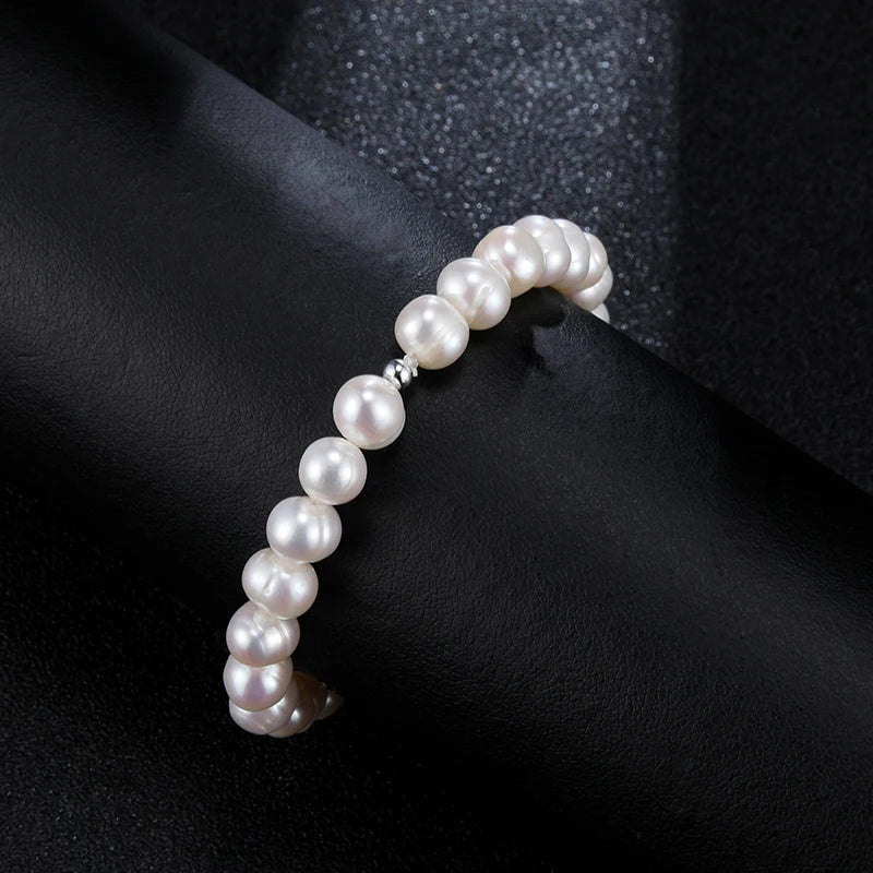 Evangeline - Oval Freshwater Pearl Strand Bracelet – Adjustable Elastic Fit (6–7mm)