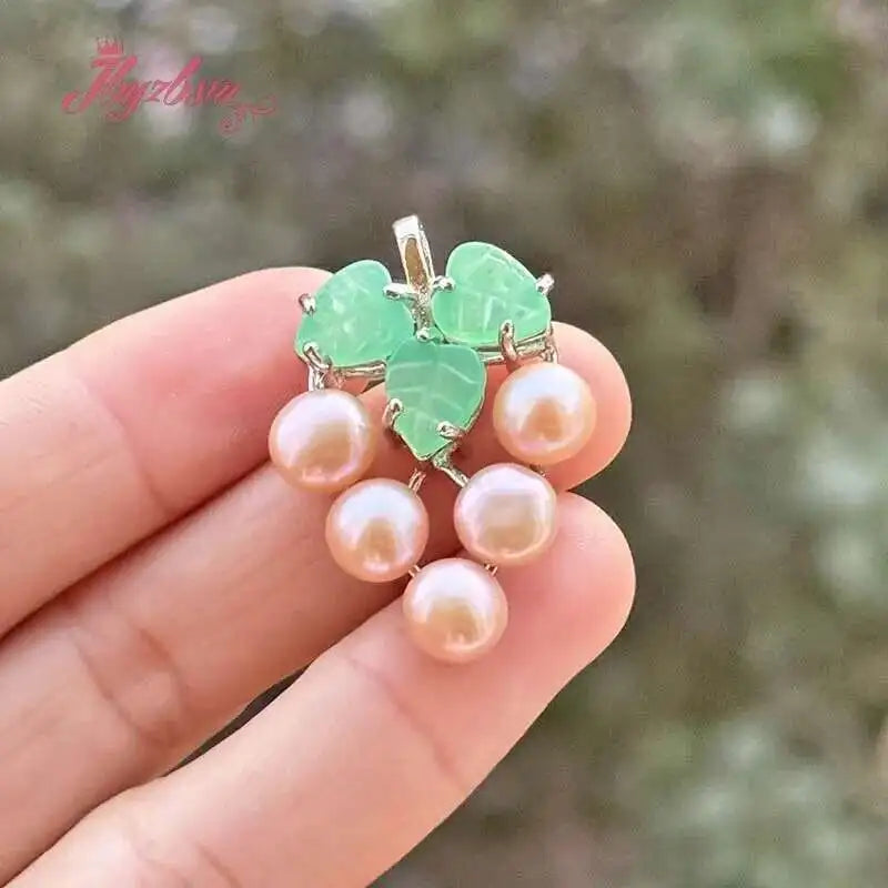 Verdant Pearl Grape Pendant – Freshwater Pearl & Green Stone Beads with Tibetan Silver