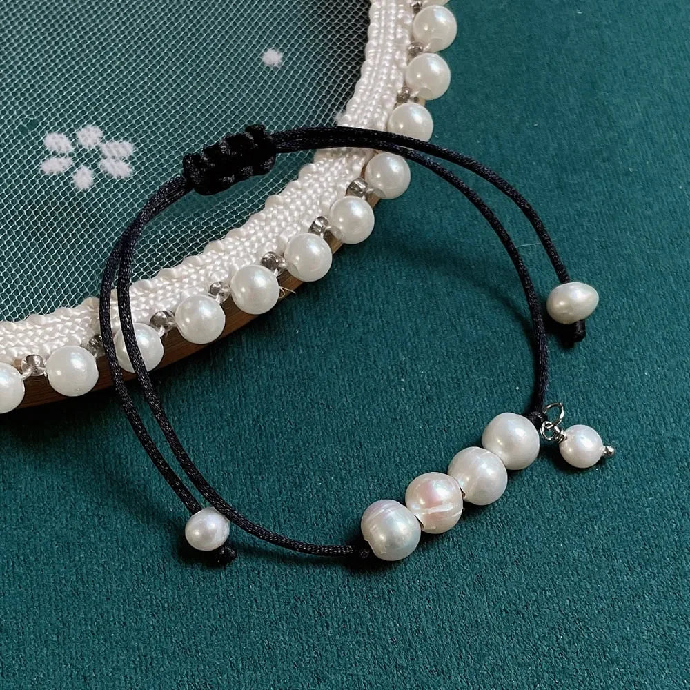 Solara Boho Rope Baroque Freshwater Pearl Charm Bracelet – Lace-Up Adjustable