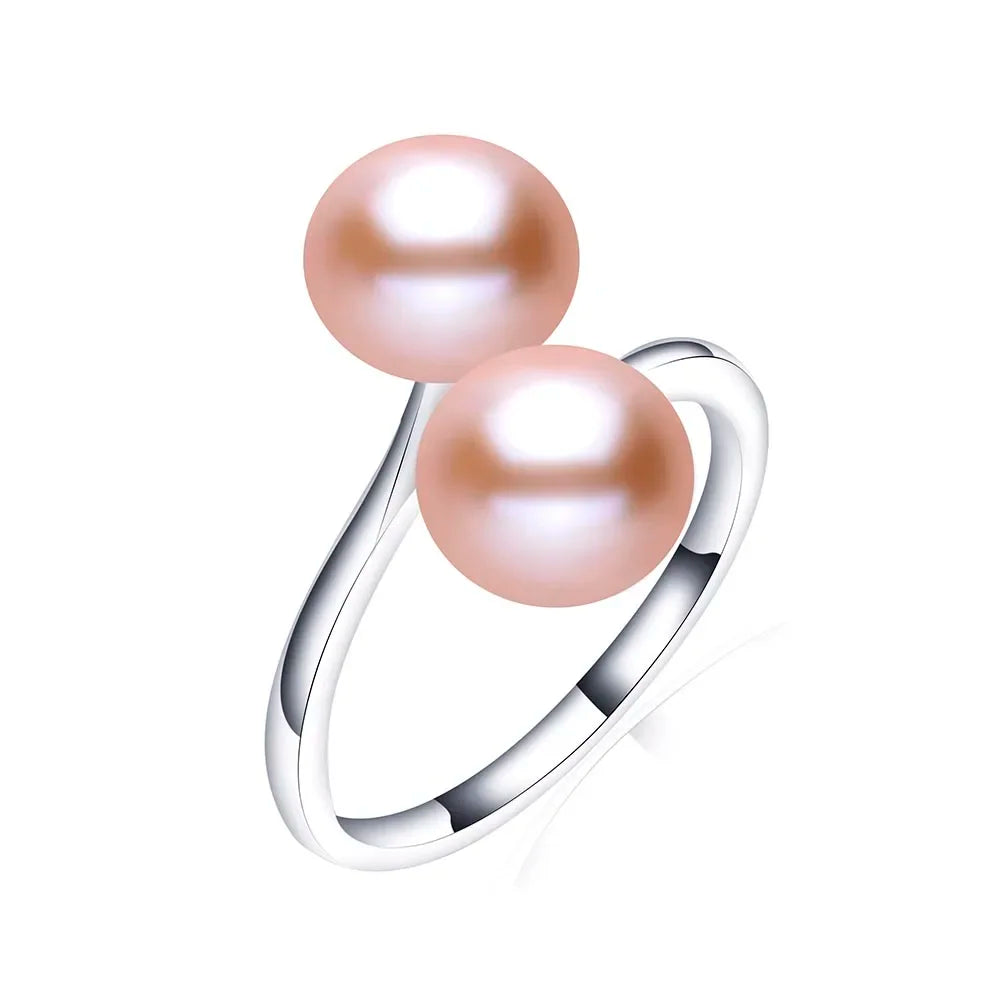 Elenya Double Freshwater Pearl Ring – 925 Sterling Silver Adjustable Open Band