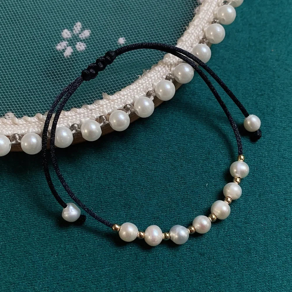 Solara Boho Rope Baroque Freshwater Pearl Charm Bracelet – Lace-Up Adjustable