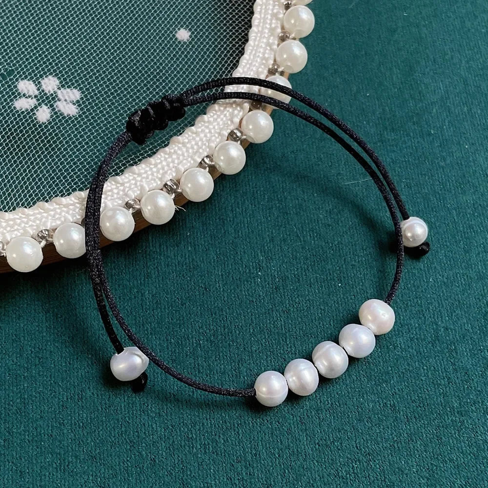 Solara Boho Rope Baroque Freshwater Pearl Charm Bracelet – Lace-Up Adjustable
