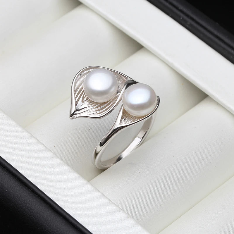 Lunara Adjustable Pearl Bridal Ring – 925 Sterling Silver with 7–8mm Button Pearls