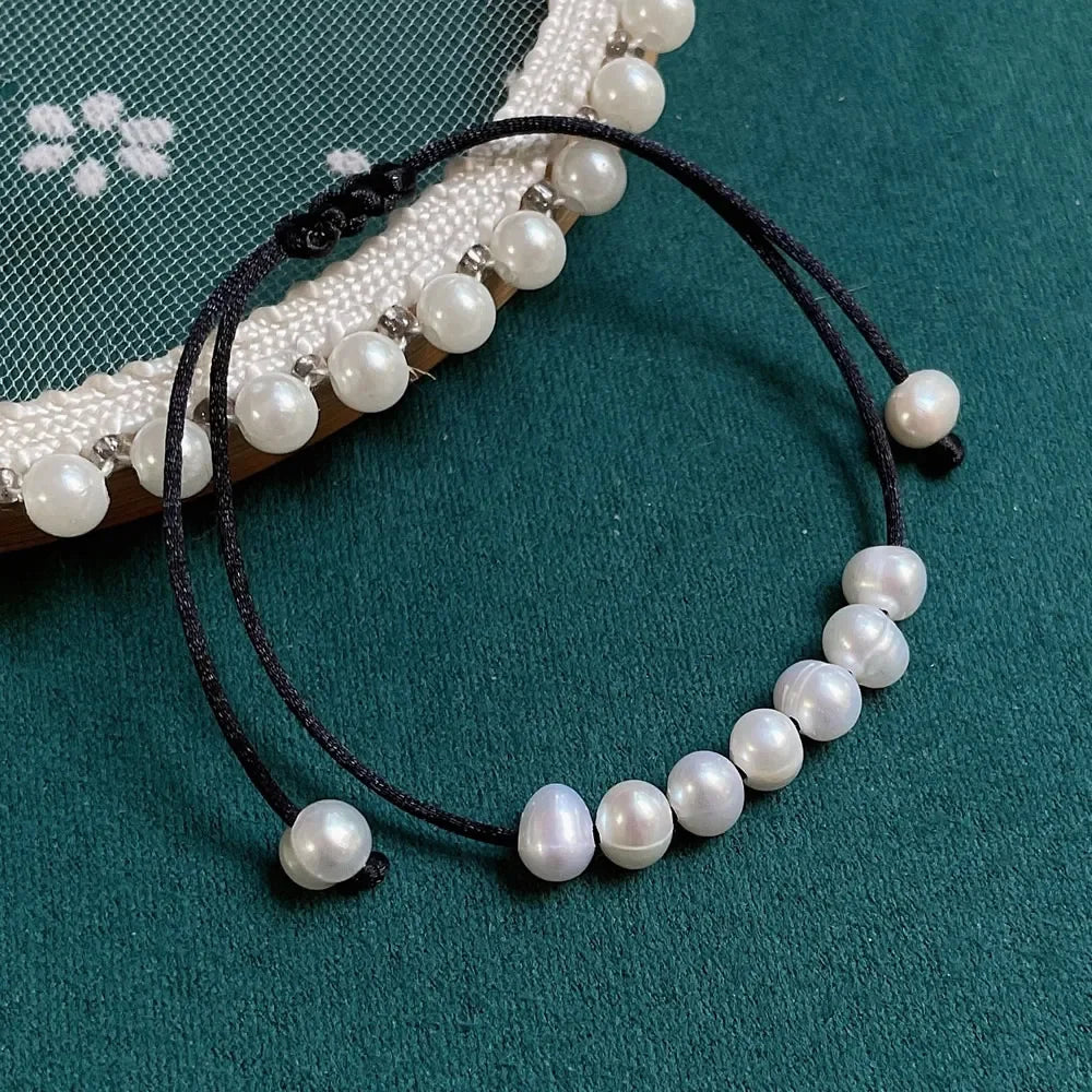 Solara Boho Rope Baroque Freshwater Pearl Charm Bracelet – Lace-Up Adjustable