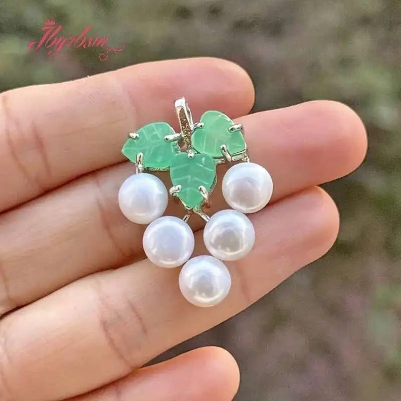 Verdant Pearl Grape Pendant – Freshwater Pearl & Green Stone Beads with Tibetan Silver