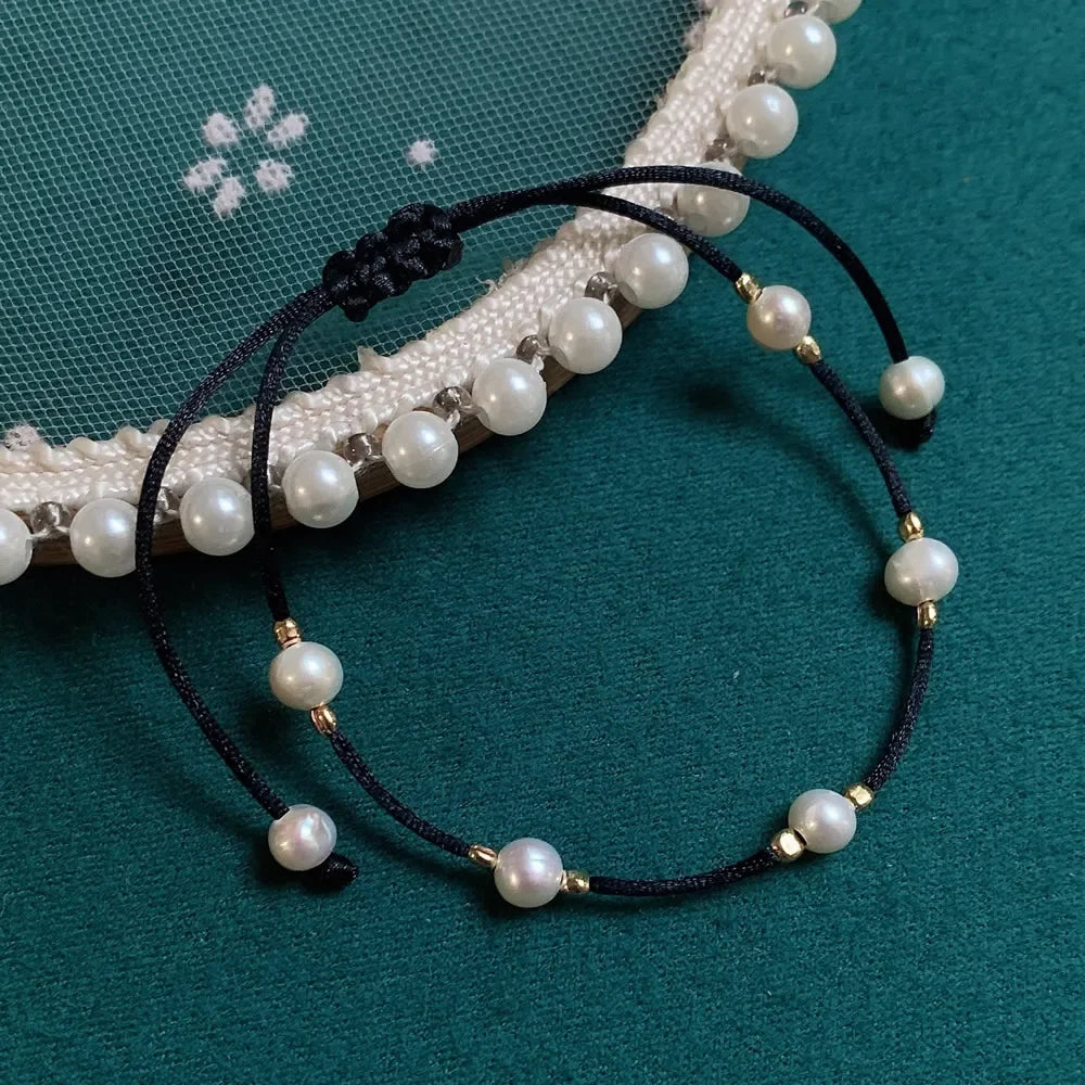 Solara Boho Rope Baroque Freshwater Pearl Charm Bracelet – Lace-Up Adjustable