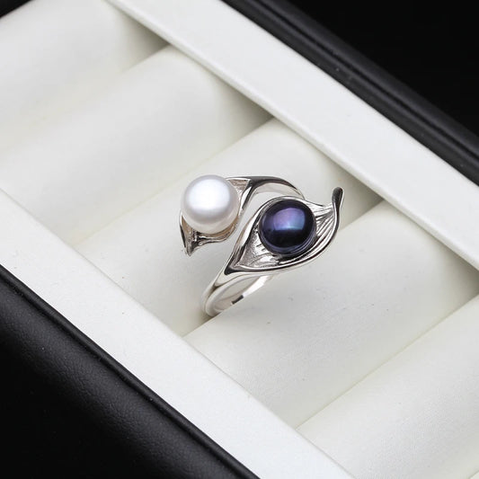 Lunara Adjustable Pearl Bridal Ring – 925 Sterling Silver with 7–8mm Button Pearls