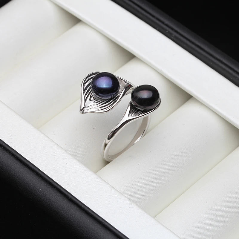 Lunara Adjustable Pearl Bridal Ring – 925 Sterling Silver with 7–8mm Button Pearls