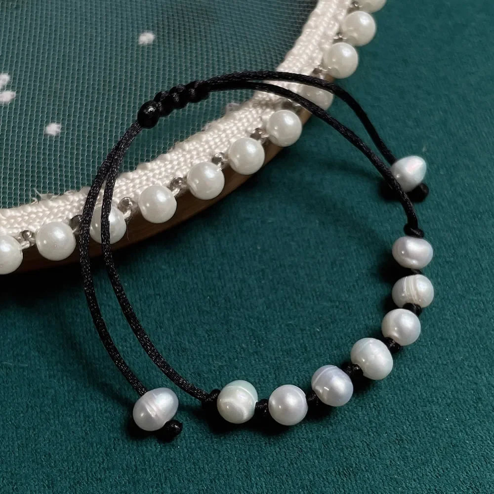 Solara Boho Rope Baroque Freshwater Pearl Charm Bracelet – Lace-Up Adjustable