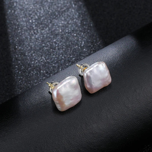 Aurora Square - Sterling Silver Freshwater Pearl Stud Earrings – 12–13mm Baroque