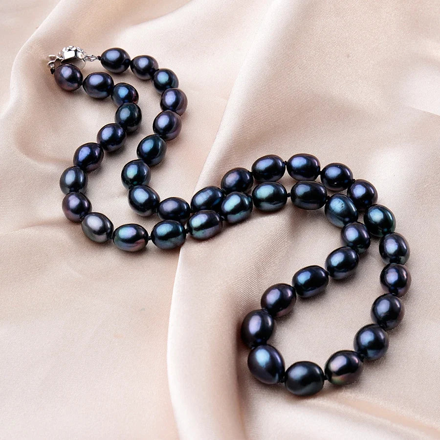 Noctara Classic Black Freshwater Pearl Strand Necklace – 925 Sterling Silver (8–12mm)