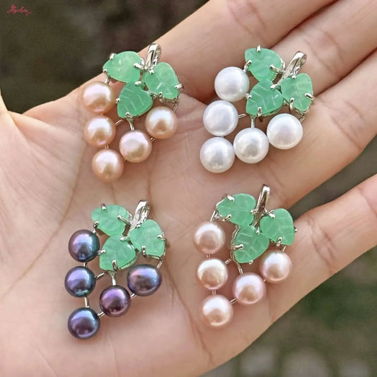 Verdant Pearl Grape Pendant – Freshwater Pearl & Green Stone Beads with Tibetan Silver