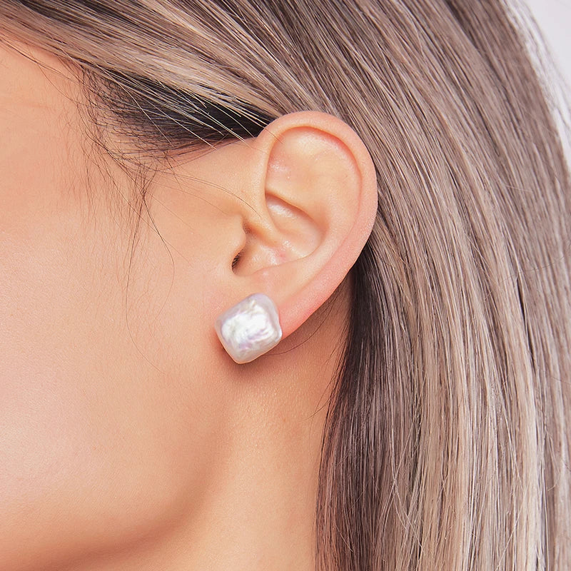 Aurora Square - Sterling Silver Freshwater Pearl Stud Earrings – 12–13mm Baroque