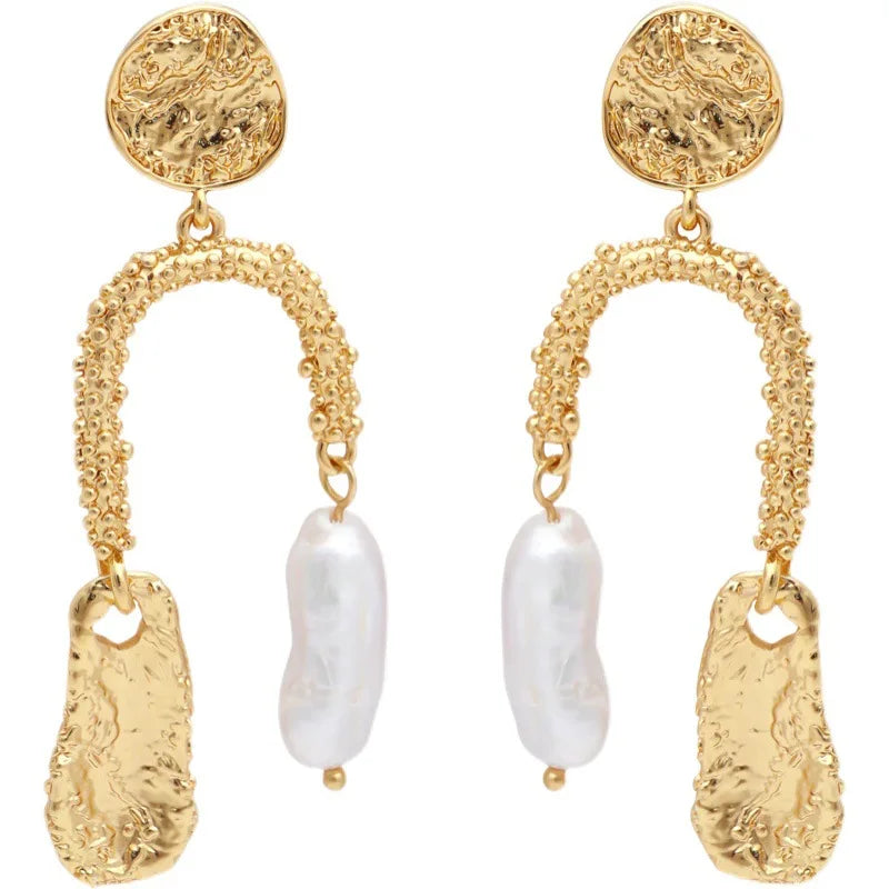 Aurelia Vintage - Gold Geometric Pearl Drop Earrings – Asymmetrical Design
